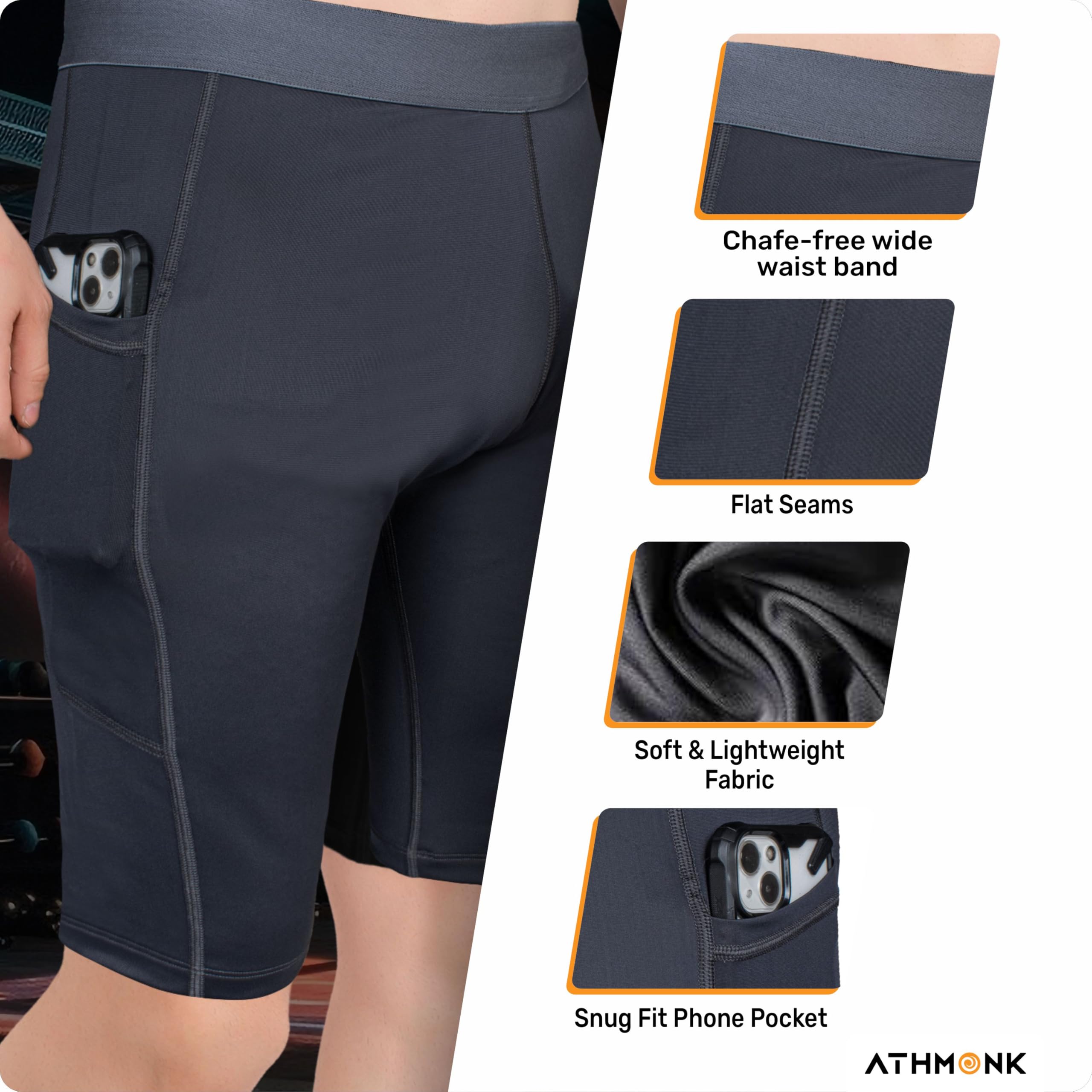 Athmonk 4-Way Lycra Compression Shorts for Men with Phone Pocket | Skin Fit, Non Padded | Cycling Running Workout Gym Cricket Football Sports | Recovery Muscle Support Quick Dry Anti-Chafe